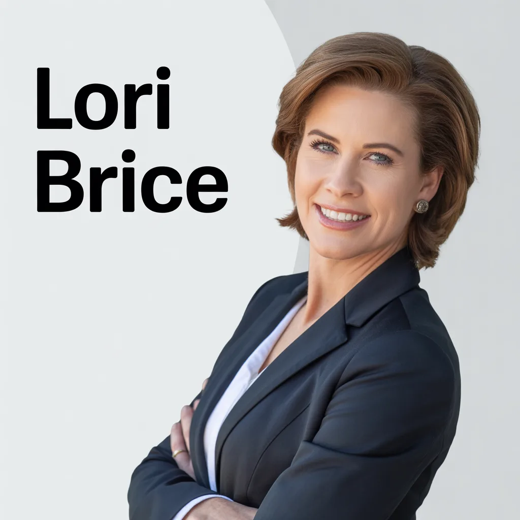 Portrait of Lori Brice, blonde woman with straight hair and bangs, smiling gently in a casual setting.